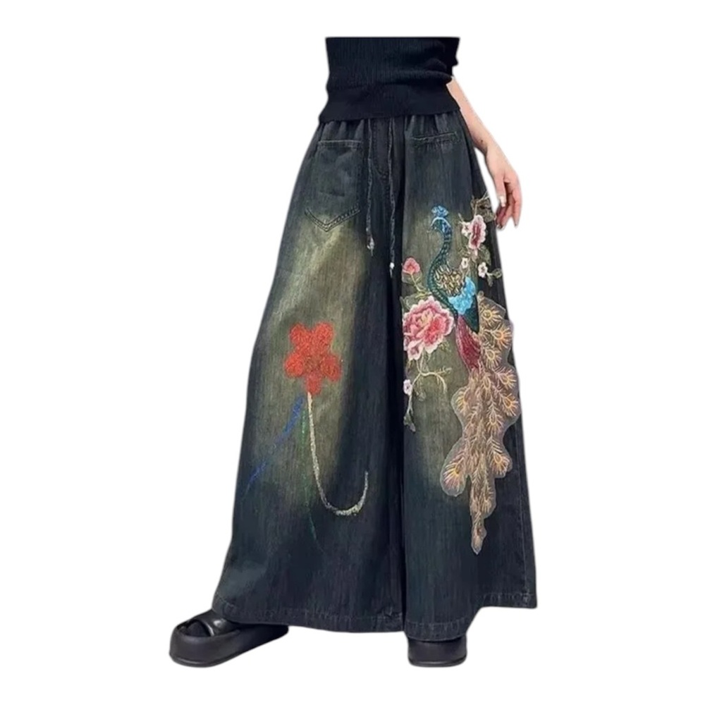 Embroidered Peacock Wide Leg Jeans - Black